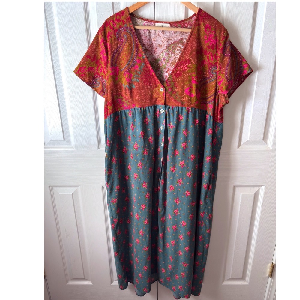 natural life Avery Rust Teal Mixed Floral Corduroy Button Front Midi Dress XL
